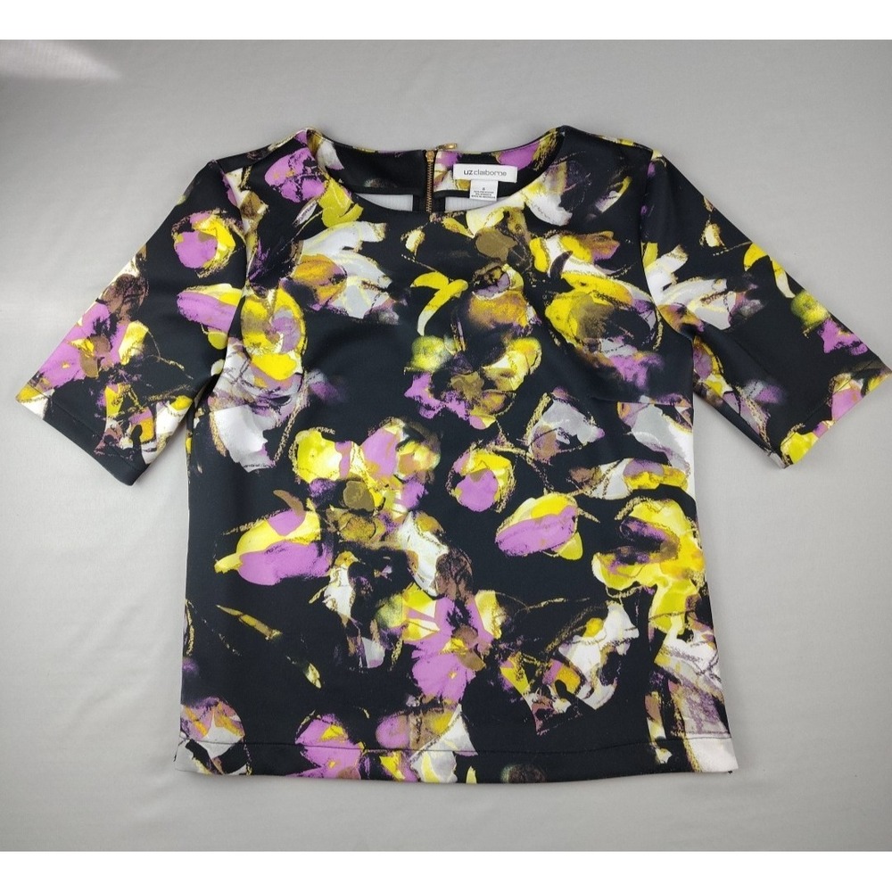 Liz Claiborne Top Womens Small Black Floral Round Neck Back Zip Pink Yellow EUC